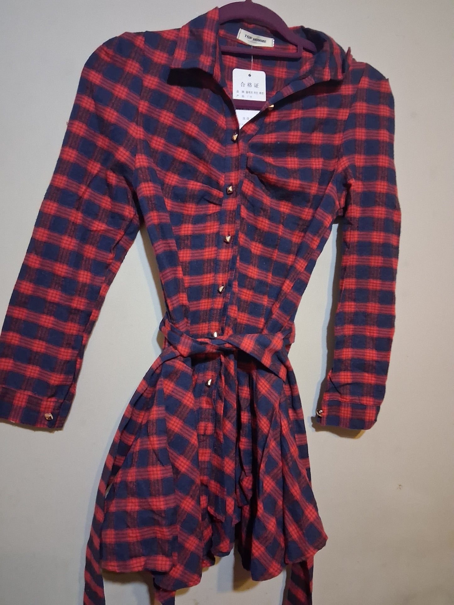 Plaid Button-Down Shirt Dress with Tie Waist