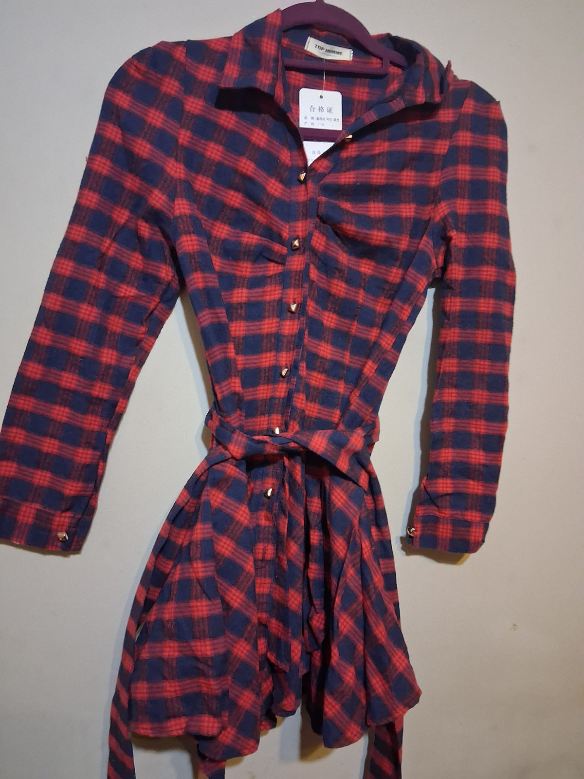Plaid Button-Down Shirt Dress with Tie Waist