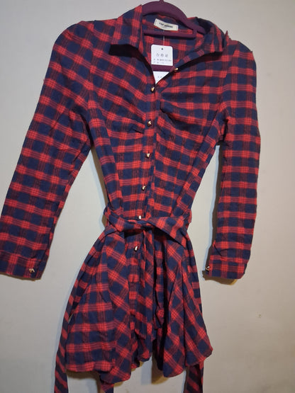 Plaid Button-Down Shirt Dress with Tie Waist
