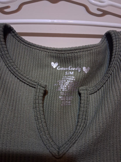 Olive Green Ribbed Keyhole Top showing a keyhole neckline and fabric tag.