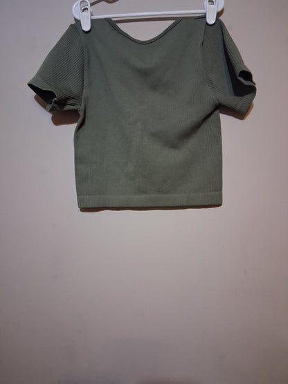 Olive Green Ribbed Keyhole Top hanging on a hanger against a plain background.