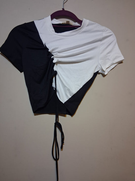 Black & White Color Block Drawstring Crop Top
