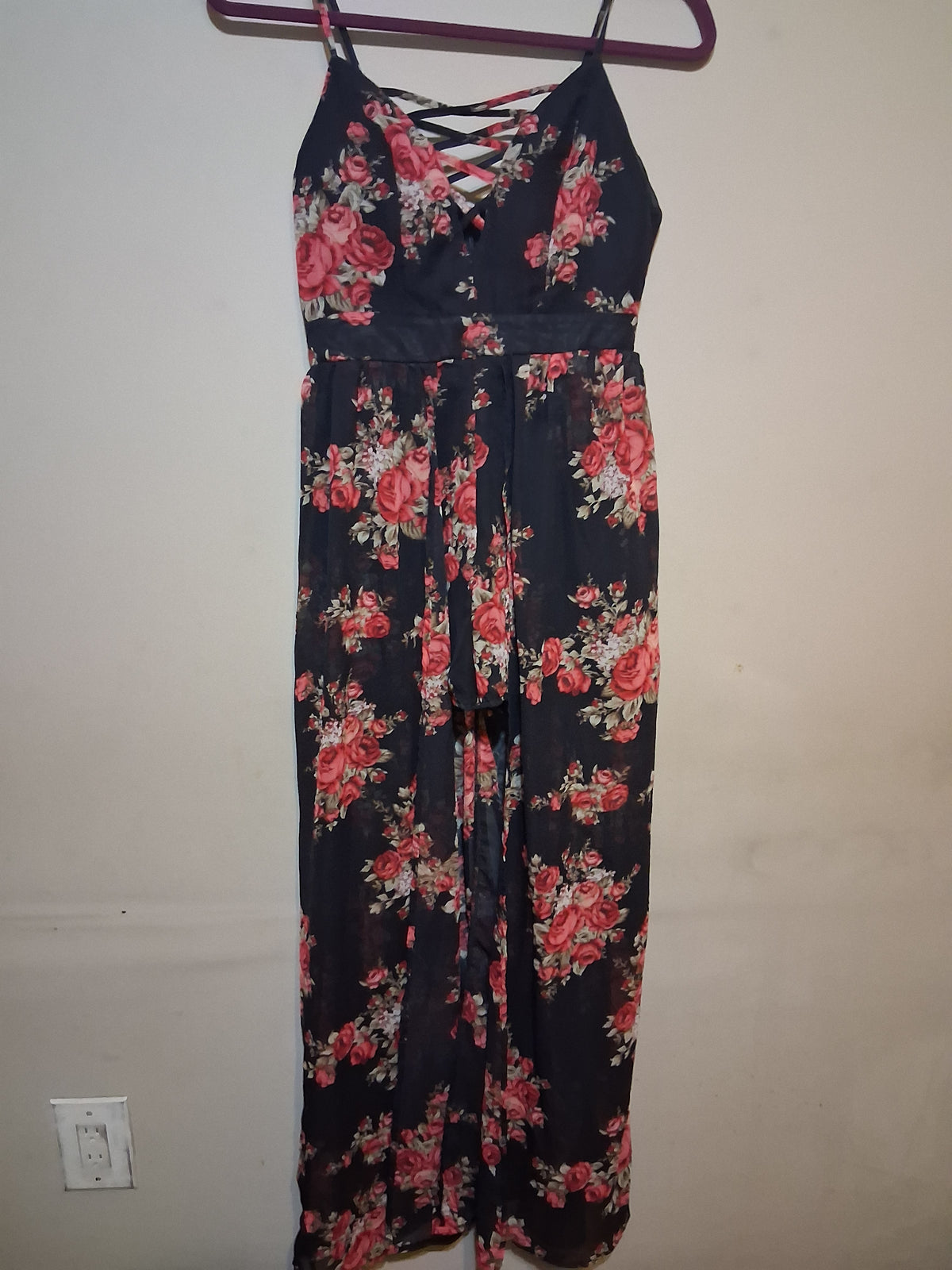 Floral Lace-Up Wide Leg Jumpsuit featuring vibrant pink and red roses on a black backdrop, perfect for stylish summer outings.