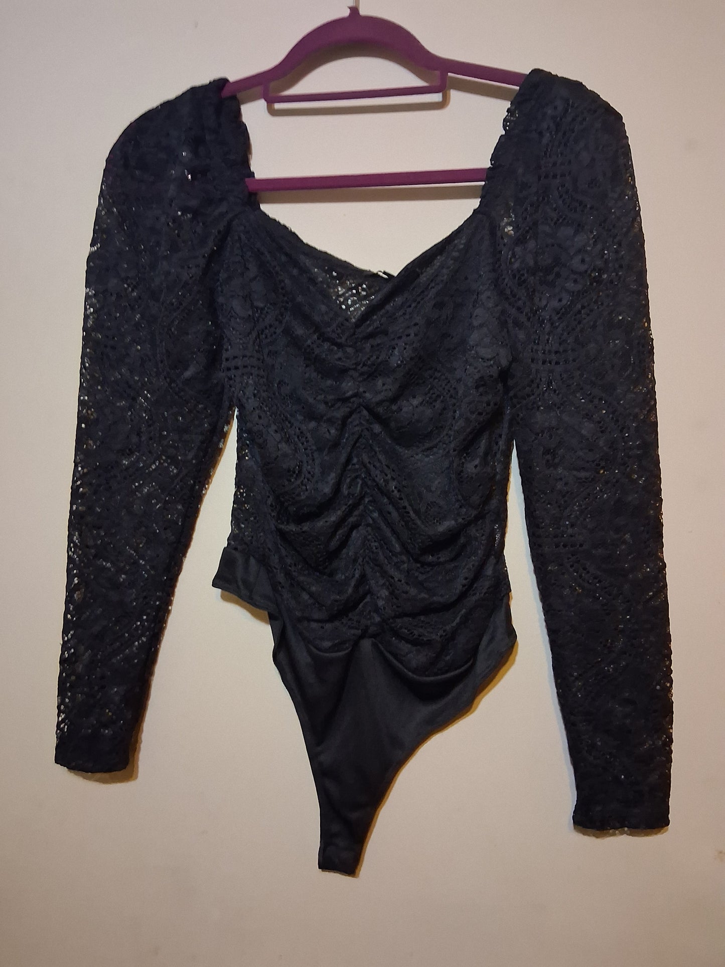 Black Lace Long Sleeve Ruched Bodysuit