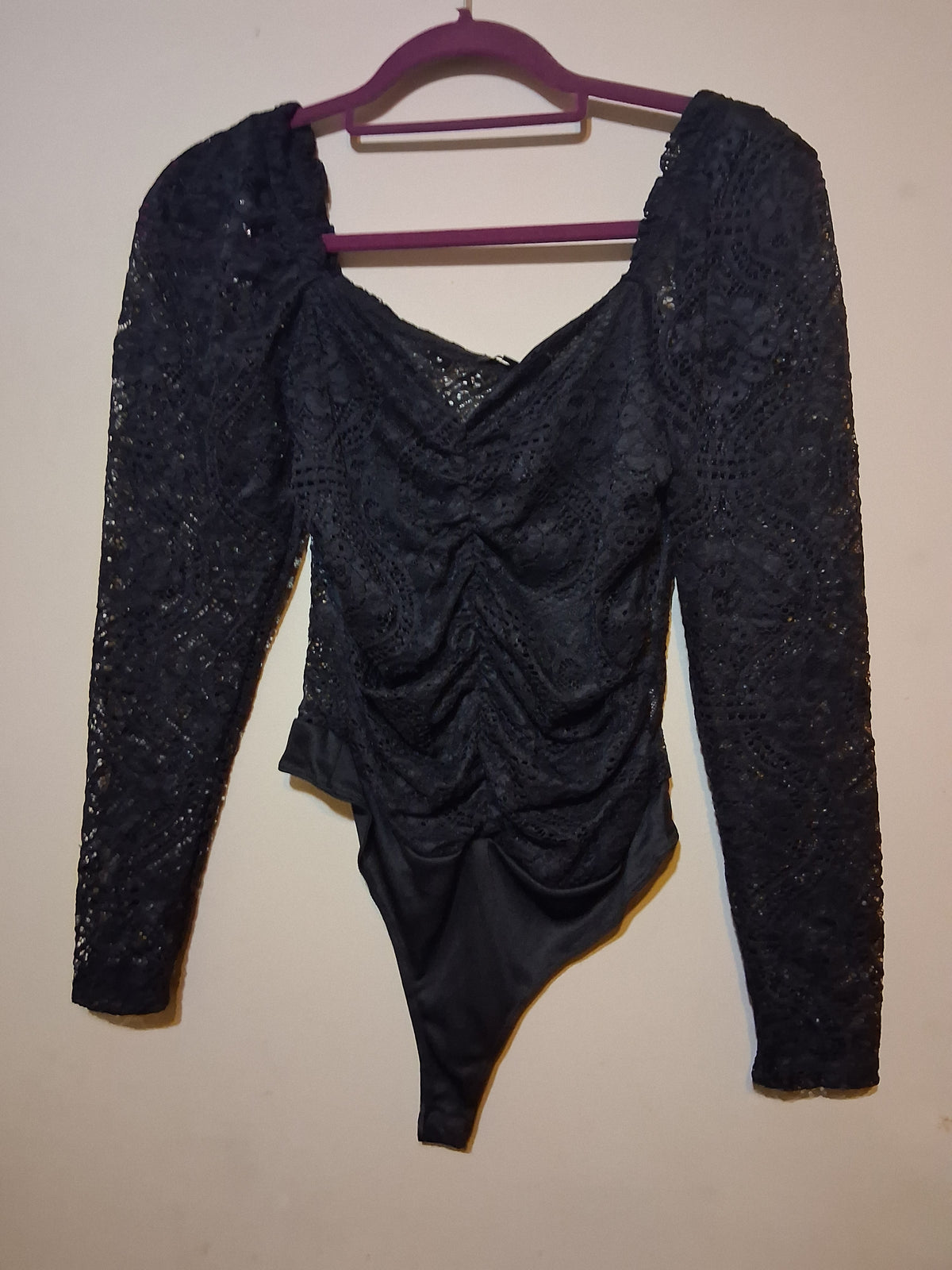 Black Lace Long Sleeve Ruched Bodysuit