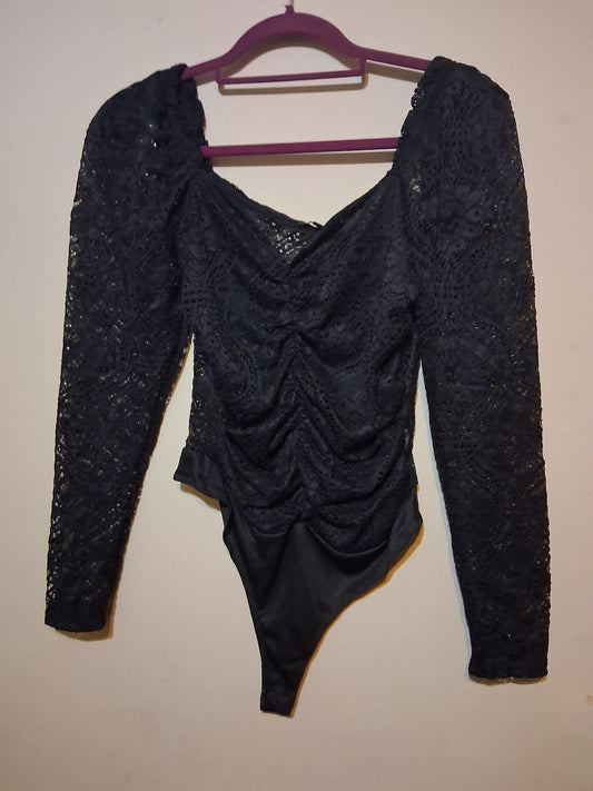 Black Lace Long Sleeve Ruched Bodysuit