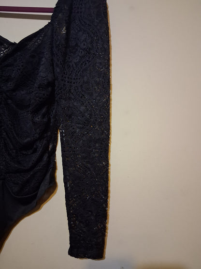 Black Lace Long Sleeve Ruched Bodysuit