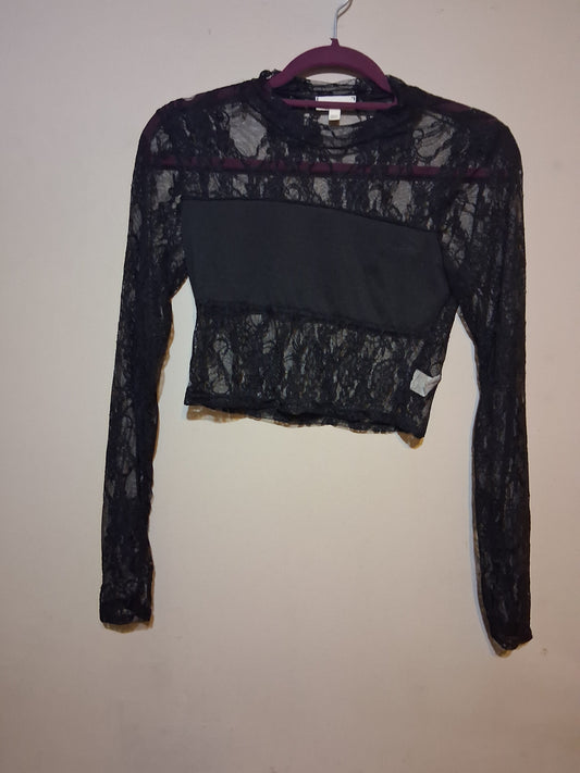 Black Sheer Lace Long Sleeve Crop Top