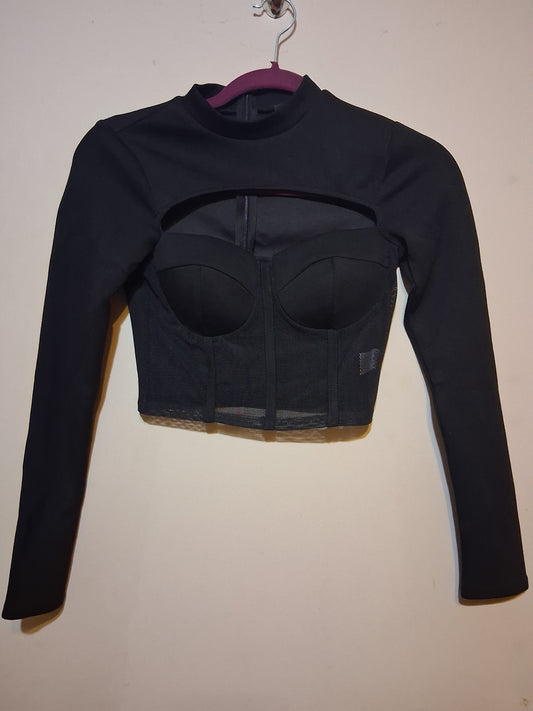 Black Long Sleeve Cutout Corset Crop Top